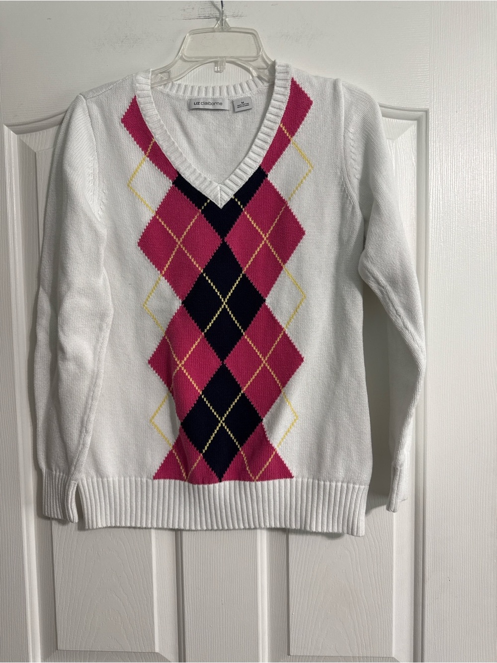 Liz Claiborne White V-Neck Argyle Sweater with Pink, Navy and Yellow